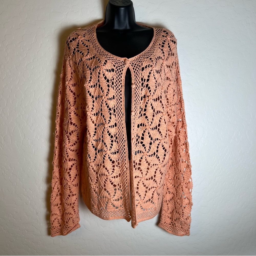 Coldwater Creek Peach Open Floral Doily crochet Boxy Cardigan sweater XL